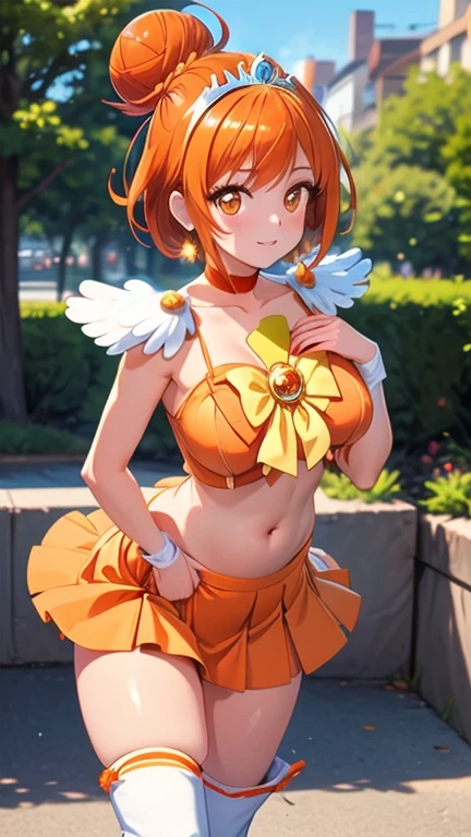 (masterpiece, best quality), (Belly button:1.2),(Outdoor:1.4),One girl,  sunny_a, orange eyes, orange hair, single bun hair,, feather hair ornament, tiara, orange choker, cure sunny costume,  orange shorts under skirt, orange shorts, boots,