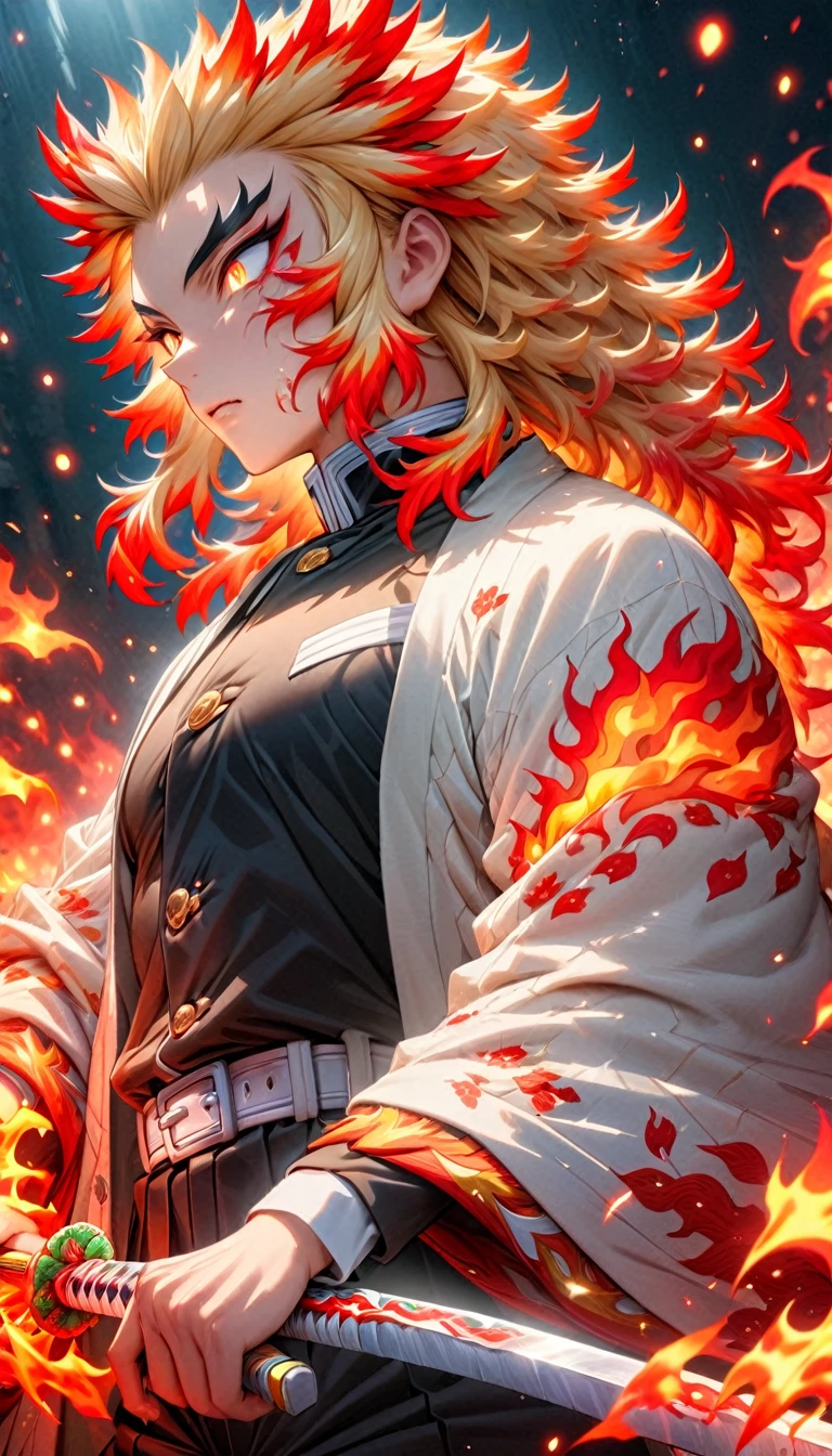 Super detailed, High resolution, Absurd, High resolution, masterpiece, Rengoku Kyojuro, Blonde, Expressive golden eyes, White Haori with a Flame Pattern, Black Demon Slayer uniform, Kimetsu no Yaiba, Fantasy, petal, Red flower, good looking, sexy man Grabbing a sword, alone, magic, shining red fireflies, Highest quality, Highly detailed face and eyes, fire, Grabbing a sword