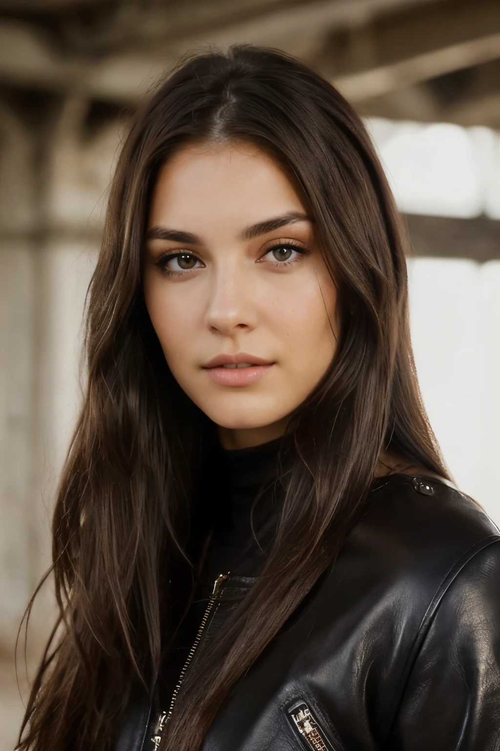 eye contact of brunette with long hair, face full face, ultra textured leather, face looks straight into the camera