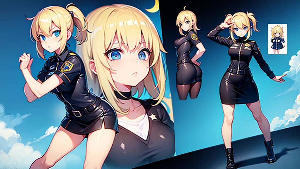 police girl ,blonde hair,blue eye,character desing sheet,t pose,different angles