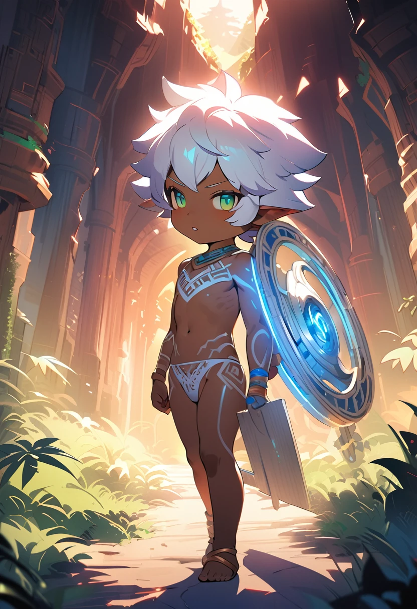 1boy, trap, wood elf, short white hair, green eyes, full lips, dark skin, white tribal tattoos, flat chest, thong, tribal bow, fantasy background, textured skin, UHD, UHD, UHD, UHD, award winning, high details, incredible high-key lighting and shadows, masterpiece, incredible illustration (anime style:1.5), modernism art, digital art pastel style, forest background