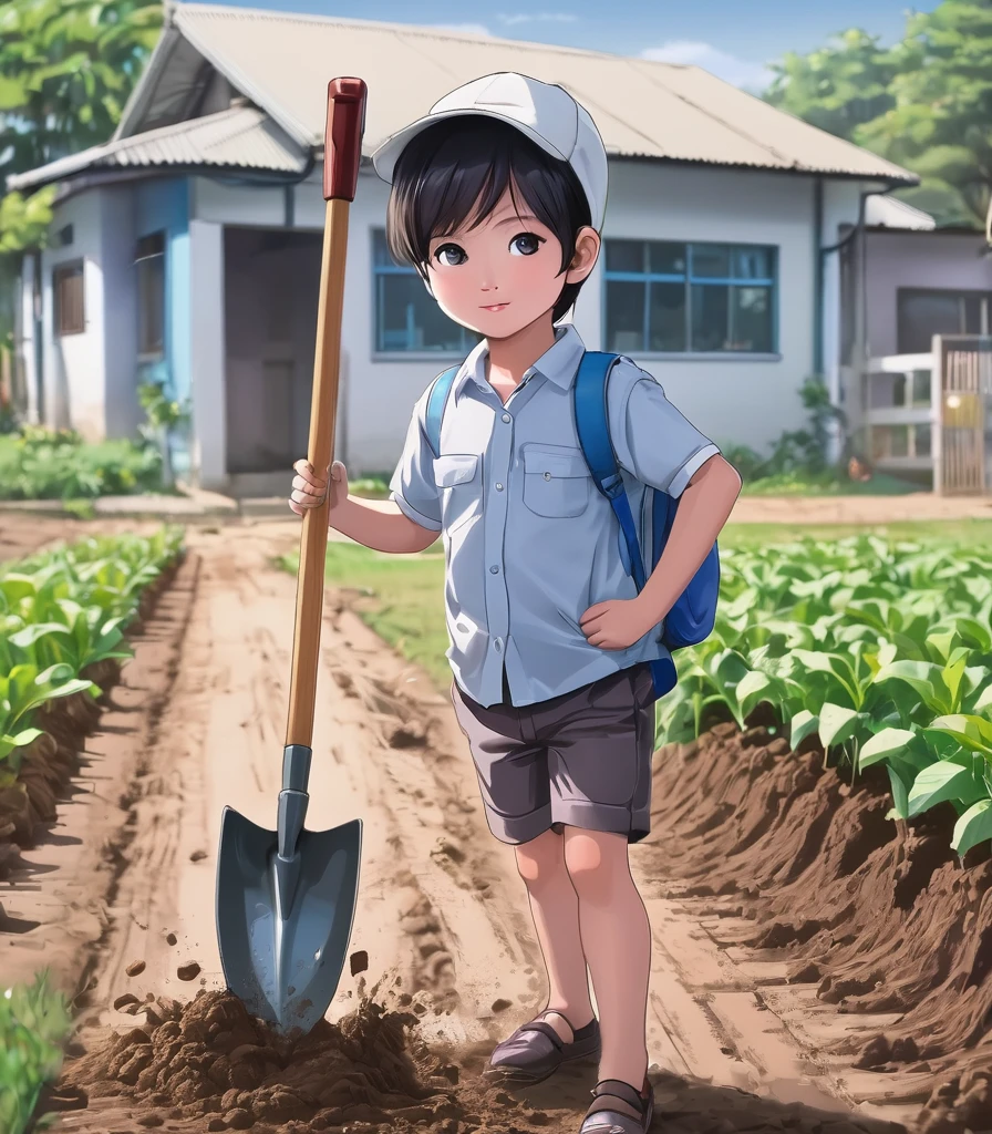 Primary school students. Change.. agriculture. Plowing the ground with a hoe