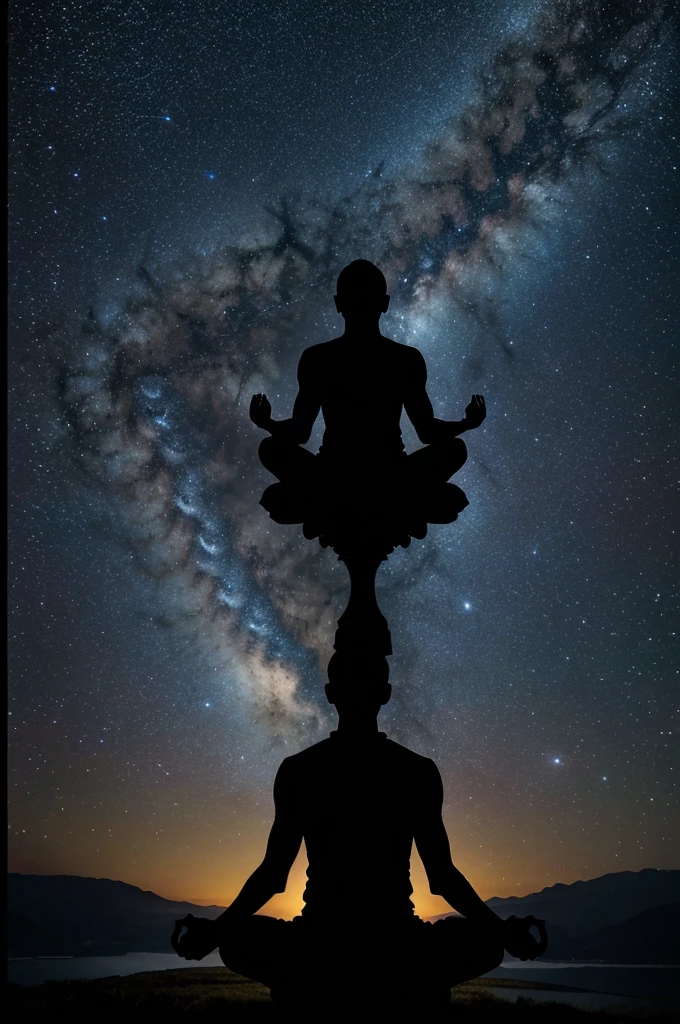 Create an image of an astronomer meditating. The scene is set in outer space. The astronomer is sitting cross-legged in a serene pose, with the vast cosmos as a backdrop. Behind the astronomer, there is a mystical tree. Surrounding this tree are all the Hebrew letters, gracefully floating in the air. The atmosphere should evoke a sense of tranquility, contemplation, and cosmic wonder.