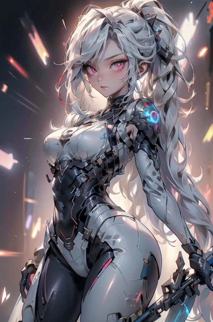 ((Cyberpunk women images))，raise one's arms high:1.4、armpits,,(masterpiece:1.4, Highest quality, Dutch Angle)(One Girl, alone)（Gray hair that changes with light、Smooth and straight hair、WHITE hair fluttering in the wind）、（beautiful, Glowing Skin、Cheek Gloss Highlighter、Sexy and very beautiful and adorable face、世界で最もbeautiful顔、big, Glowing red eyes）、（Cute 25 year old girl, large breasts、Tight waist、Delicate shoulders、Perfect figure）（Overall dark、A ruined futuristic city、The world at the end of the century、Traces of war、cave、Remains）(Futuristic combat suit、White combat armor、Highly decorated combat uniform、Weapons are deployed to surround the woman)（Shooting from close range、Pictures of female faces）

