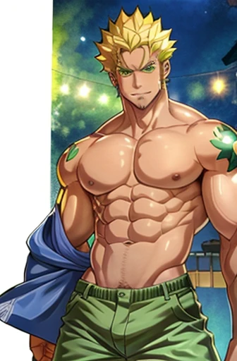 Man, anime, cabelos pretos, cabelos longos, cabelos muito longos, cabelo entre os olhos, olhos verdes, Pupilas verdes,sorrir, tatuagem no peito, tatuagem, Pants, sozinho, Foco masculino, Olhando para o Viewer, macho de peito nu, musculoso, qualidade de obra prrima, 4k, Ultra Detalhe