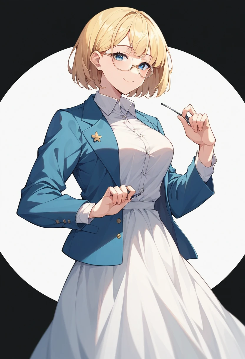 beautiful woman, beautiful face, solo, standing, medium bob cut blonde hair, light blue eyes, two points glasses, medium breasts, blue short jacket, white dress shirts, white pleats long skirt, soft smile, (pinch one's her glasses), temptation pose, black background, no background, pastel 2d art, matte painting, anime, masterpiece