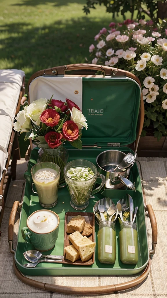 a tray full of eidables , aesthetic , a cup of green tea kept in it, flowers around the trey , all natural , like a picknic