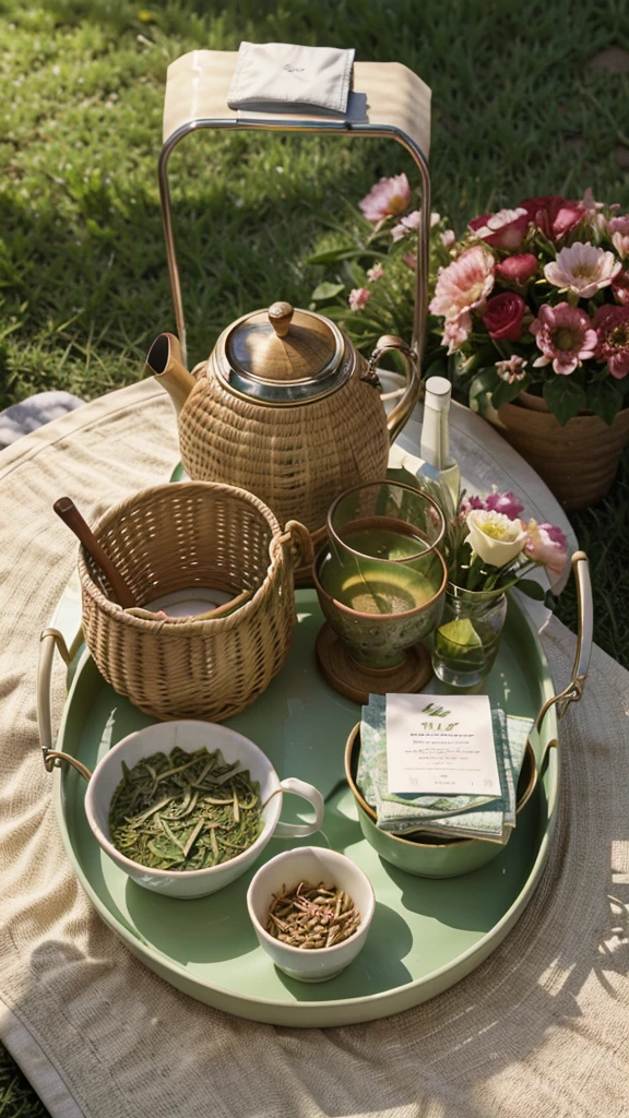 a tray full of eidables , aesthetic , a cup of green tea kept in it, flowers around the trey , all natural , like a picknic