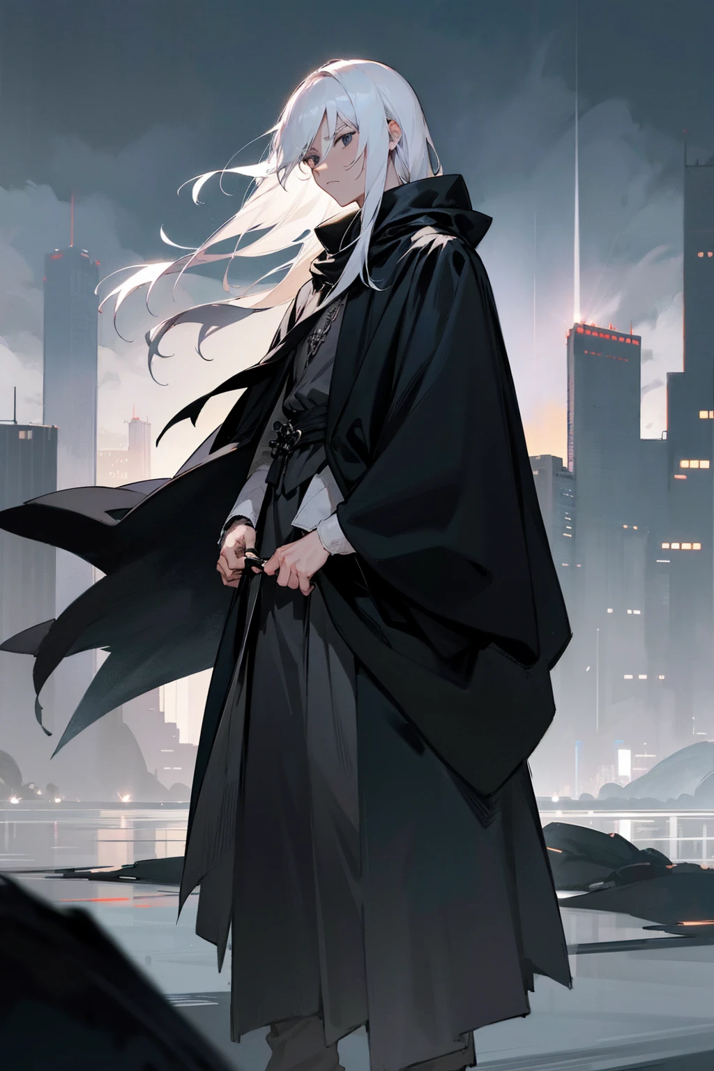 1male, white hair, black eyes, medium length hair, middle parted hair, serious expression, black cloak, dark clothing, city background, detailed background, hands to side, standing on path, night time