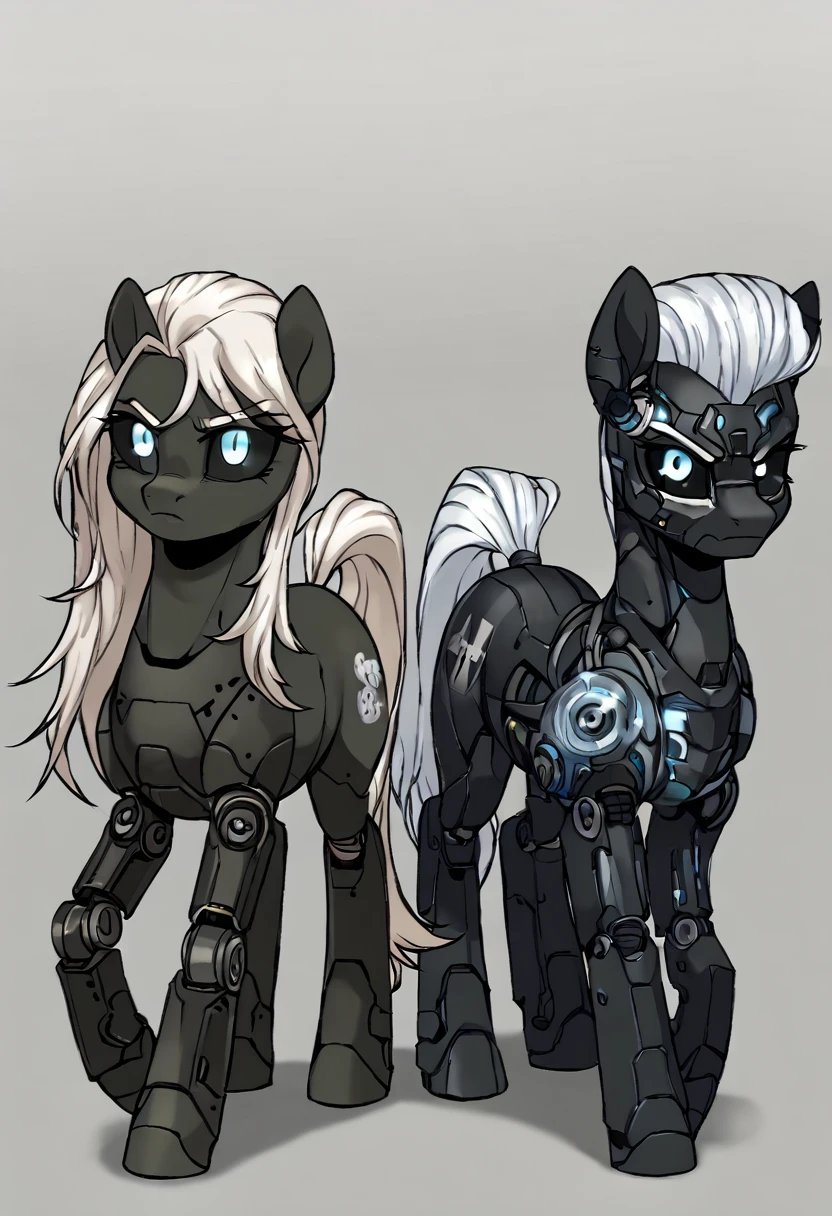 Earth pony, white mane,light blue cybernetic eyes, cybernetic body,black sclera ,black body color  long mane ,pony standing next to Dodge challenger 