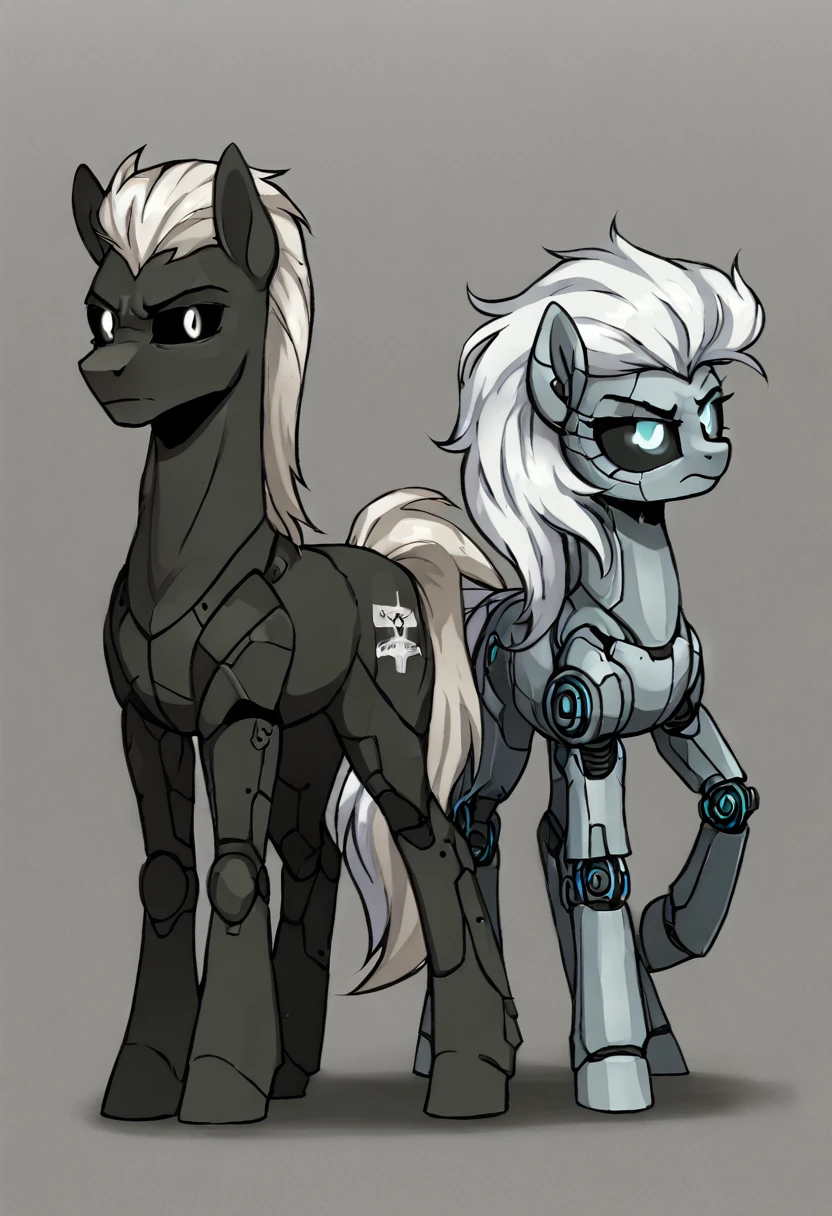 Earth pony, white mane,light blue cybernetic eyes, cybernetic body,black sclera ,black body color  long mane ,pony standing next to Dodge challenger 