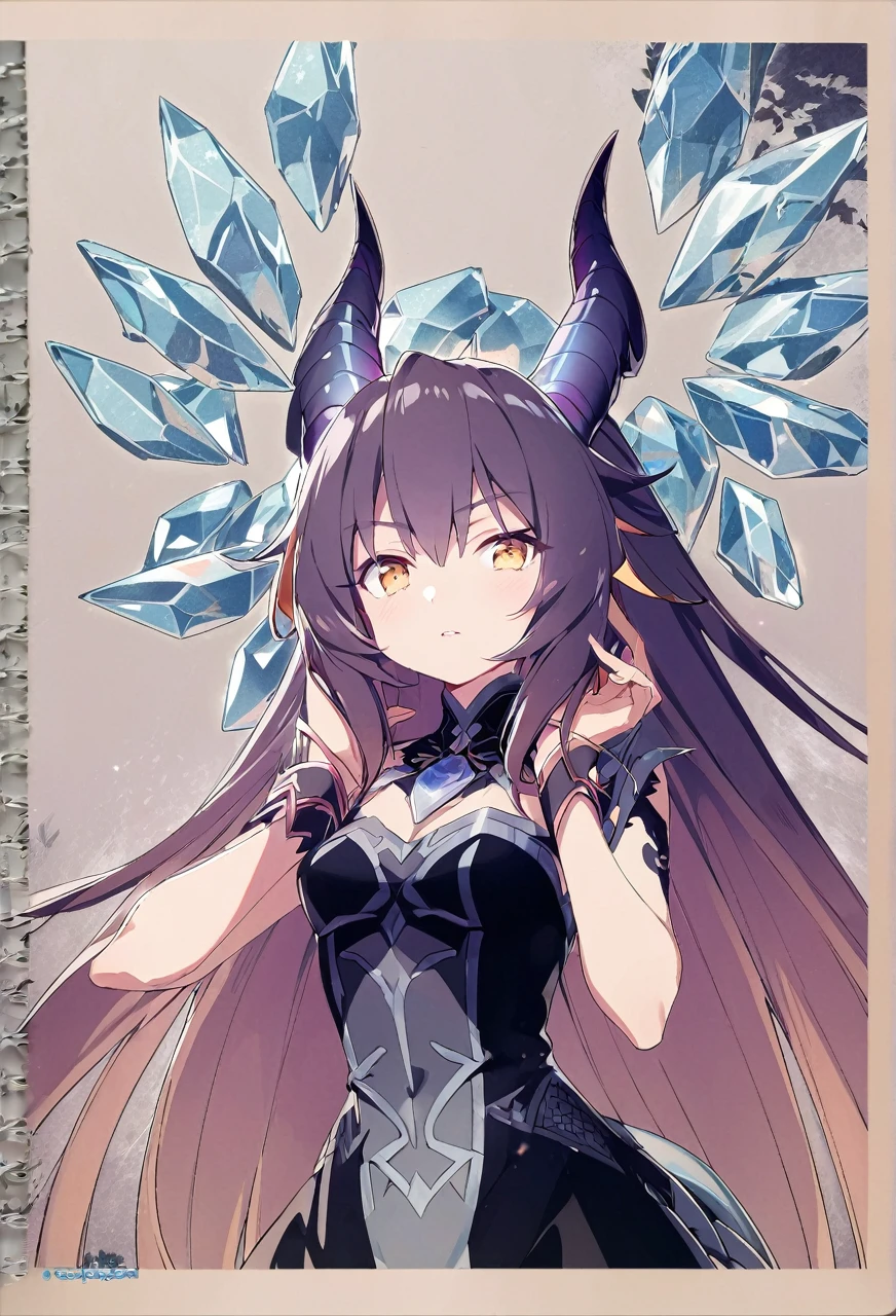 Dragon girl with crystal golden horn Black Hair Full body black Dragon's tail Aerial