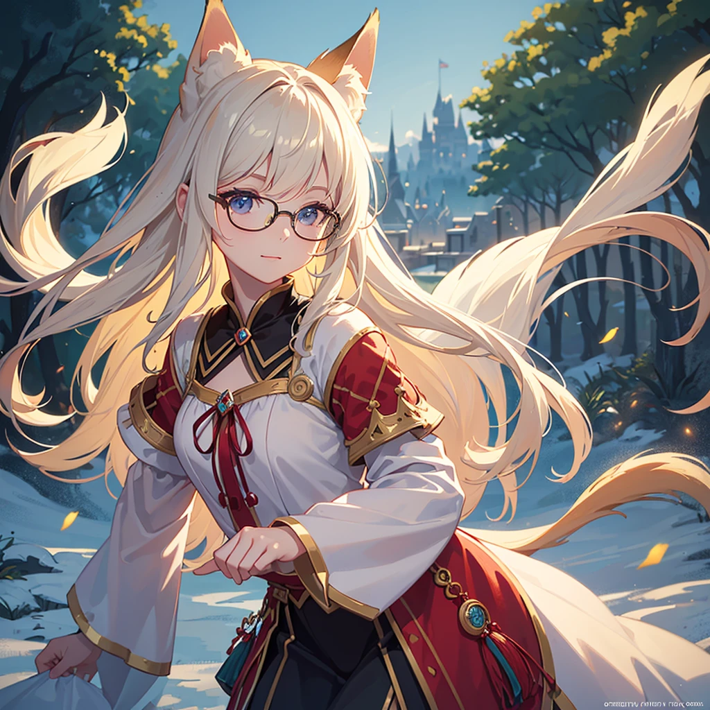 ((Best quality)), ((masterpiece)), (detailed), best quality,8k,original photo,This is a perfect face,Fox-eared maiden,touch fox,Castle Background, Liveliness. Carefree happy joy bokeh background. Quiet aesthetics. Soft lighting. Artistic Lighting. wearing glasses