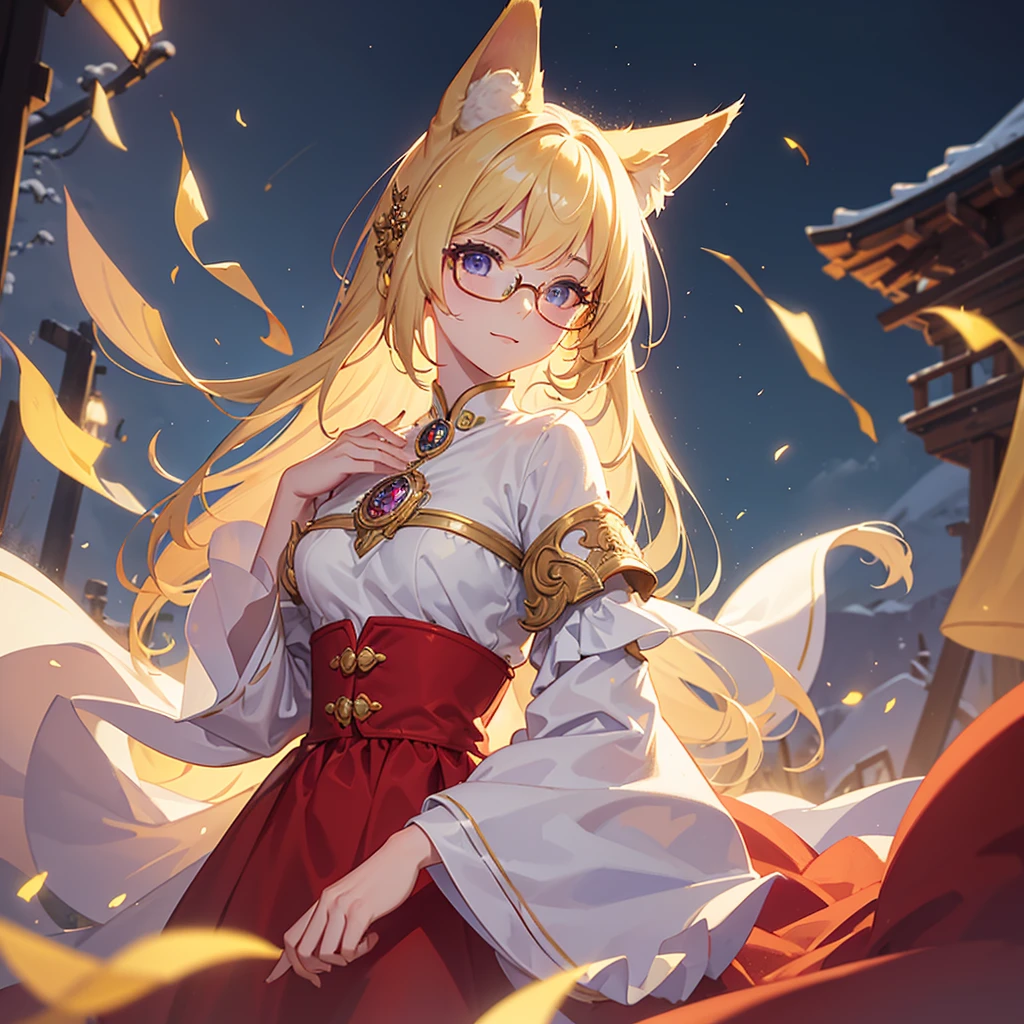 ((Best quality)), ((masterpiece)), (detailed), best quality，8k，original photo，This is a perfect face，Fox-eared maiden，touch fox，Castle Background， Liveliness. Carefree happy joy bokeh background. Quiet aesthetics. Soft lighting. Artistic Lighting. wearing glasses