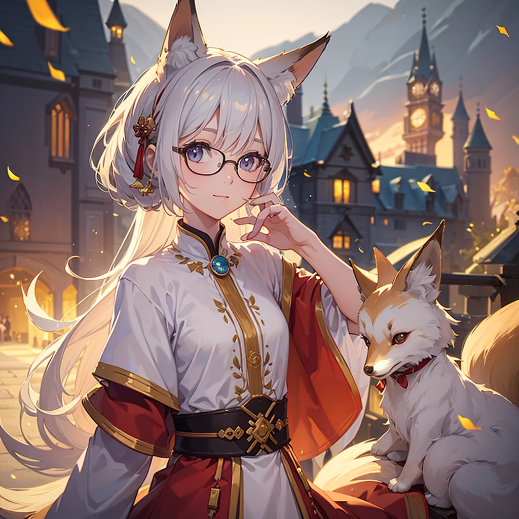 ((Best quality)), ((masterpiece)), (detailed), best quality,8k,original photo,This is a perfect face,Fox-eared maiden,touch fox,Castle Background, Liveliness. Carefree happy joy bokeh background. Quiet aesthetics. Soft lighting. Artistic Lighting. wearing glasses