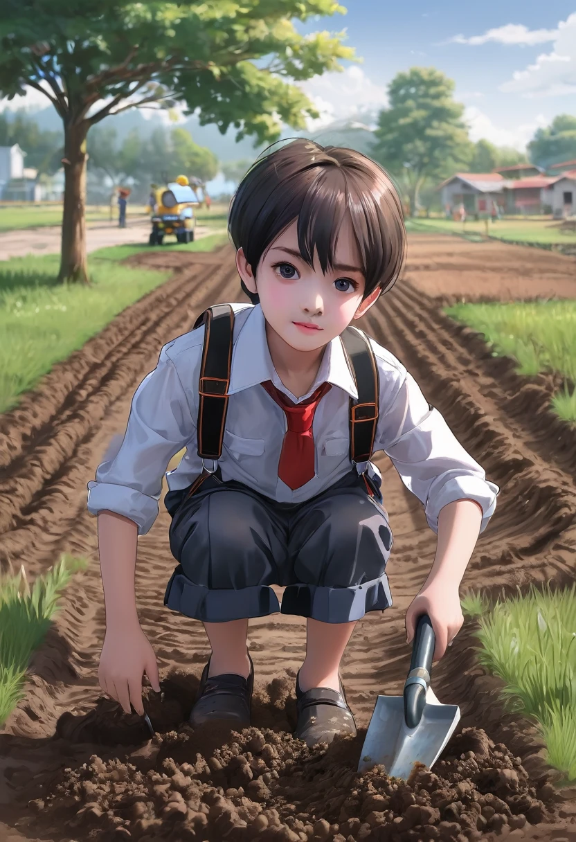 Primary school students. Change.. agriculture. Plowing the ground with a hoe