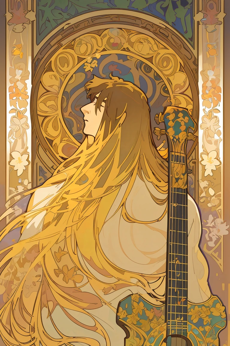 back portrait of a European male ,with electric guitar,long hair, can't see face, floral frame, Decorative panels, abstract artistic, by Alphonse Mucha (Masterpiece, Best Quality, Highres:1.4), Detailed, Intricate Details, 4K, color splashes, line art, fibonacci,