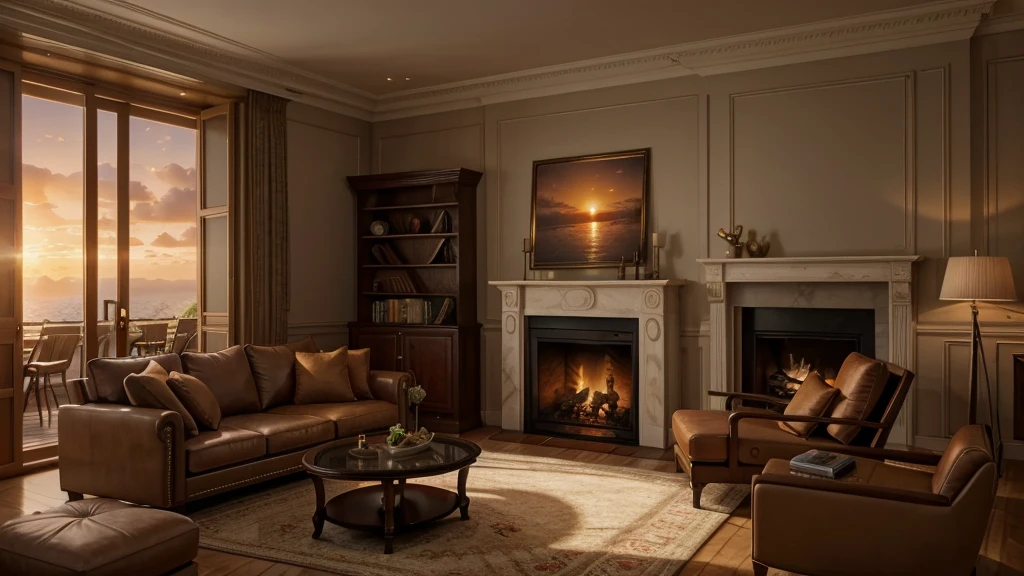 Living room view，With sofa and fireplace, Detailed painting inspired by David Ligare, Winner of the CGosociety competition, Concept Art, Stunning rendering, 8K Sensual Lighting, Luxurious environment, Unreal Engine ; Romantic Theme, relaxing environment, Sunset view, Relaxed atmosphere, Dramatic lighting rendering, Matte V-Ray, Gorgeous and romantic sunset