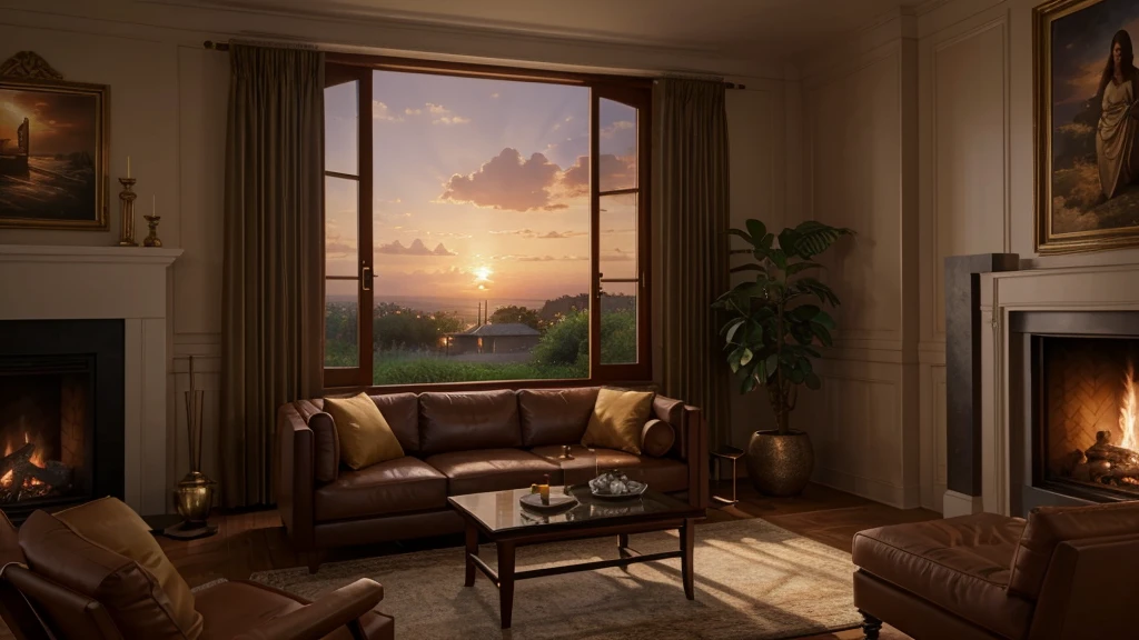 Living room view,With sofa and fireplace, Detailed painting inspired by David Ligare, Winner of the CGosociety competition, Concept Art, Stunning rendering, 8K Sensual Lighting, Luxurious environment, Unreal Engine ; Romantic Theme, relaxing environment, Sunset view, Relaxed atmosphere, Dramatic lighting rendering, Matte V-Ray, Gorgeous and romantic sunset
