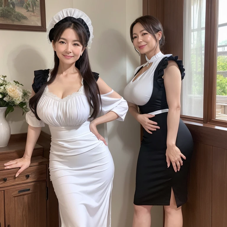 (high quality)、(high resolution)、Beautiful 45 year old mature woman、Wrinkles around the eyes、Wrinkles around the mouth、Looking at me with a smile、whole body、Big Breasts、Narrow waist、Thin and beautiful legs、A barely there white and black maid outfit、living