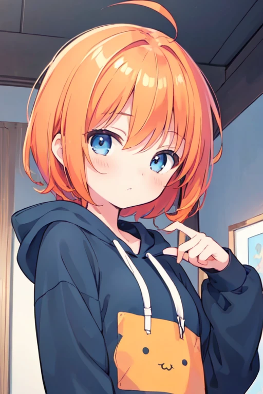 (best quality, masterpiece:1.2), illustrations, a cute girl, cute face, kawaii, early teens, very lovingly face, 16-year-old, early teens, short hair, orange hair, shiny hair, blue eyes, medium breasts, black hoodie, face focus, face,