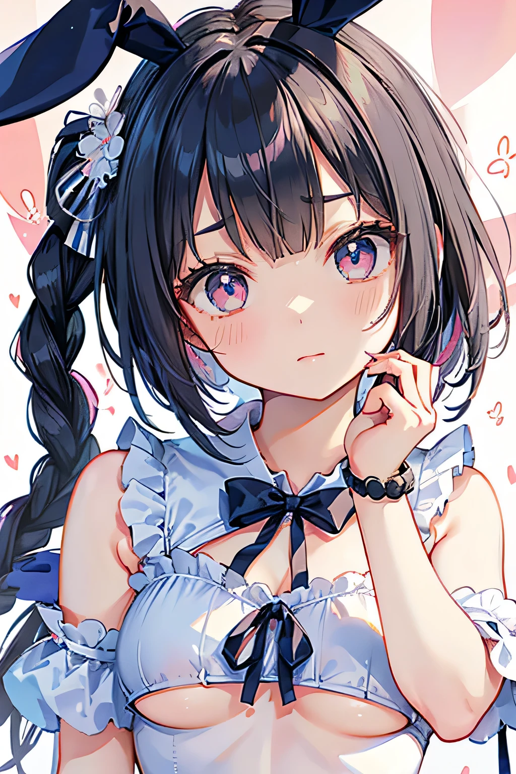 Highest quality、High resolution、Detailed Background、(Beautiful face in every detail:1.4)、Anatomically correct、(Detailed facial expressions)、(Detailed eyes:1.2)、age beauty、(Highly detailed face:1.4)、(Huge breasts:1.3)、Bright hair colour、Braided bob cut、Braided Ponytail、cute hairstyle、well-groomed eyebrows、Perfect body line、Thick thighs、Attractive big ass、Cute gestures、Emphasize feminine silhouettes、Show off your body lines beautifully、Sexual buttocks、Make your legs look beautiful、(Changing clothes in the fitting room)、
(Two beautiful girls are standing side by side with their backs to each other:1.5)、
Squat down、Crouched down close-up angle、
(close-up underwear From below), From below, Are standing, Ass Focus、Looking at me with cold eyes、(Underboob:1.2)、
Sexy bunny suit in black or white、
Accentuate your bust and waist、Fishnet stockings in colors such as black and navy、Stiletto or platform heels、The pink and white feather bolero is adorable.、Black and pink bunny ears headband、Pair it with sexy and gorgeous accessories such as chokers and bracelets.、cute