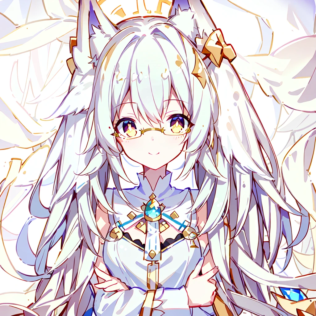 ((Best quality)), ((masterpiece)), (detailed), best quality,8k,original photo,White Fox Girl,touch fox,Castle Background, Liveliness. Carefree happy joy bokeh background. Quiet aesthetics. Soft lighting. Artistic Lighting. Gold frame glasses