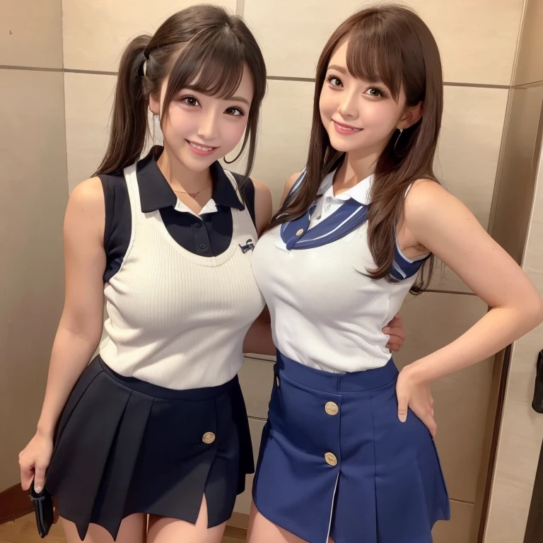 (high quality)、(high resolution)、2 people、Looking at me with a smile、whole body、Big Breasts、Sleeveless shirt with buttons and collar、Tight mini skirt、Erect nipples、(Lifting her skirt to show her pussy:1.1)