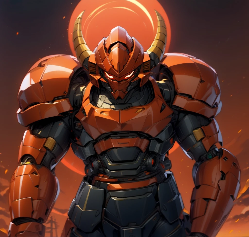 robot, mono ojo rojo, cuerpo rojo, alta calidad, cuernos dorados en la cabeza, Fuertemente blindado,robot, mono ojo rojo, cuerpo rojo, alta calidad, cuernos dorados en la cabeza, Fuertemente blindado, hombros negro rojizo, La armadura del brazo es de un tono austero., fondo del atardecer,
