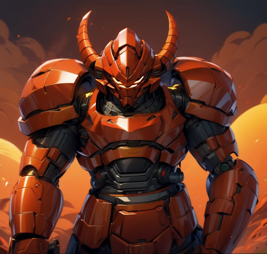 robot, mono ojo rojo, cuerpo rojo, alta calidad, cuernos dorados en la cabeza, Fuertemente blindado,robot, mono ojo rojo, cuerpo rojo, alta calidad, cuernos dorados en la cabeza, Fuertemente blindado, hombros negro rojizo, La armadura del brazo es de un tono austero., fondo del atardecer,