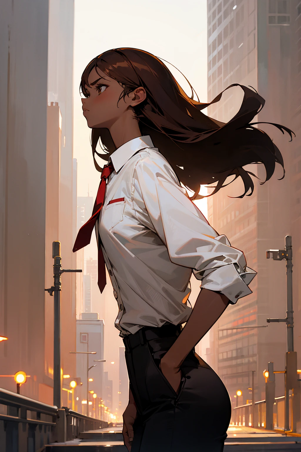 1female, brown hair, dark skin, hazel eyes, serious expression, white button up shirt, red tie, black pants, city background, detailed background, hands to side, standing on path