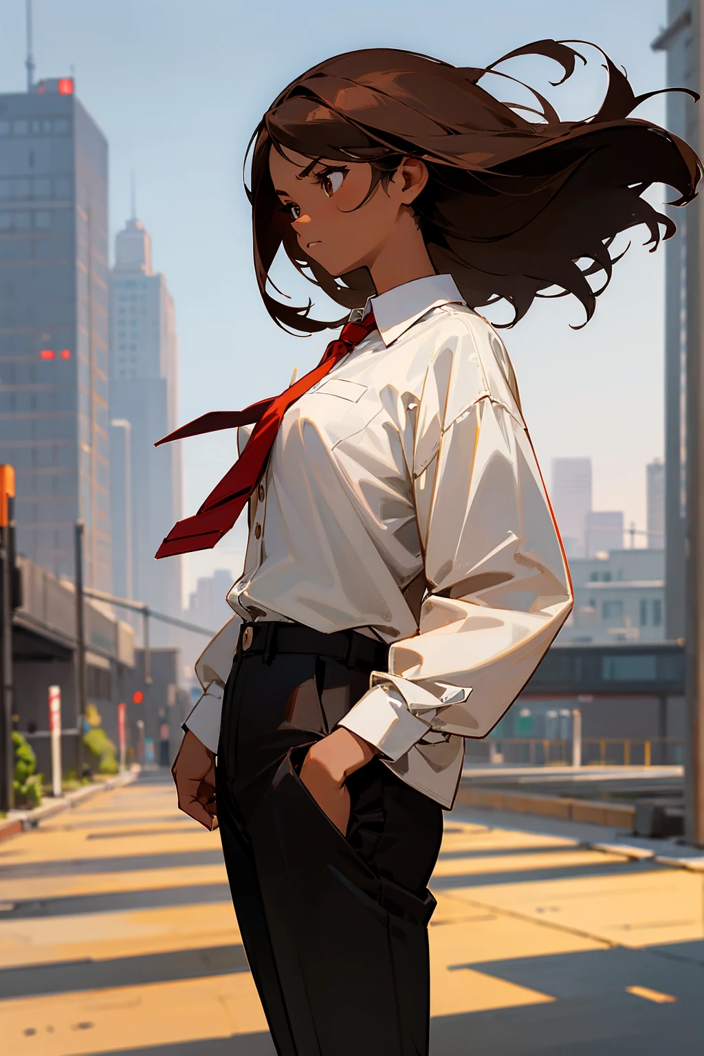 1female, brown hair, dark skin, hazel eyes, serious expression, white button up shirt, red tie, black pants, city background, detailed background, hands to side, standing on path