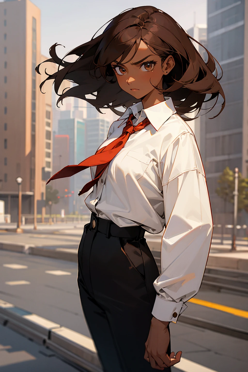 1female, brown hair, dark skin, hazel eyes, serious expression, white button up shirt, red tie, black pants, city background, detailed background, hands to side, standing on path