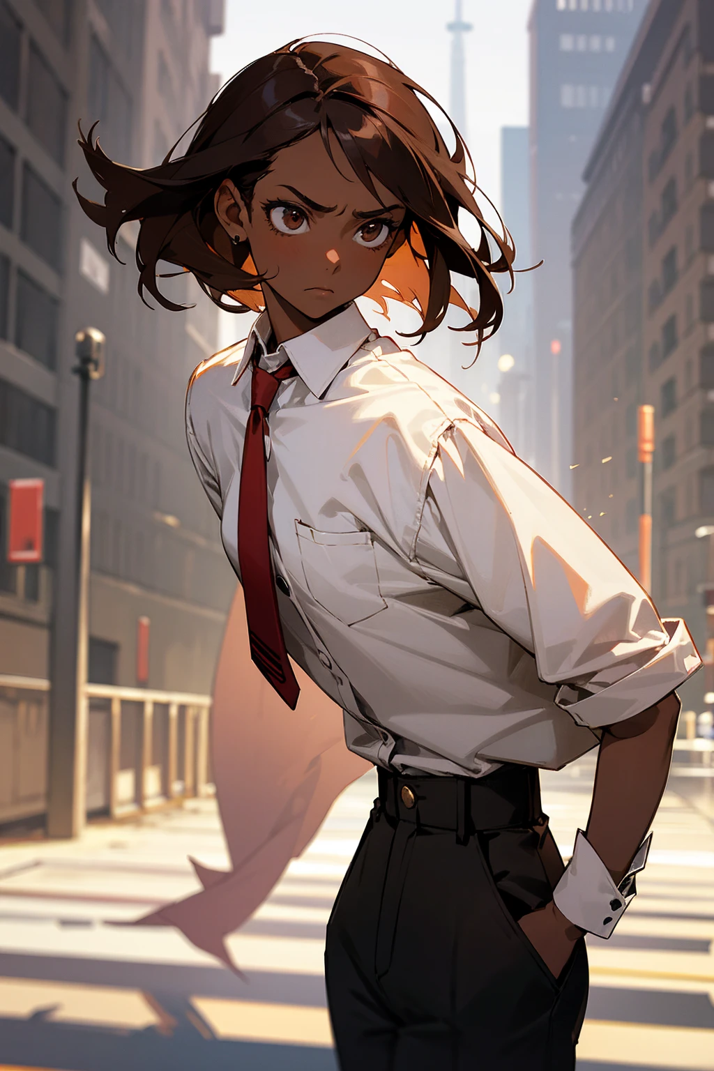 1female, brown hair, dark skin, hazel eyes, serious expression, white button up shirt, red tie, black pants, city background, detailed background, hands to side, standing on path