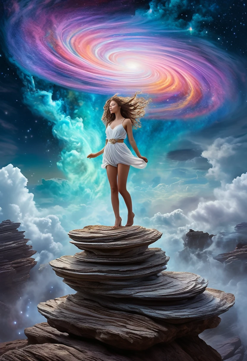 theme: surreal dreams with elements of fantasy and cosmic wonder. subject: single figure, a young woman with flowing hair, standing on a rock overlooking a vast, swirling nebula. style: a mixture of photorealism and impressionism, with soft, ethereal lighting and bright, swirling colors.