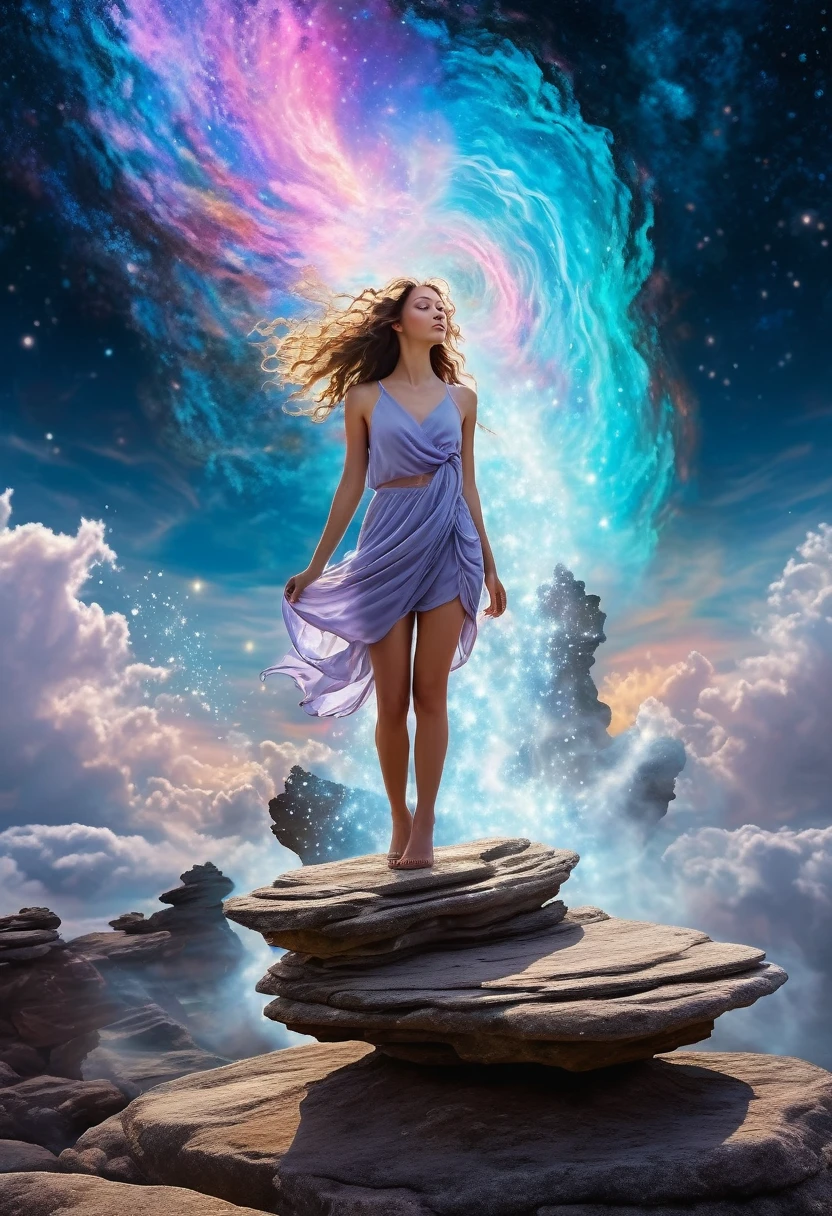 theme: surreal dreams with elements of fantasy and cosmic wonder. subject: single figure, a young woman with flowing hair, standing on a rock overlooking a vast, swirling nebula. style: a mixture of photorealism and impressionism, with soft, ethereal lighting and bright, swirling colors.