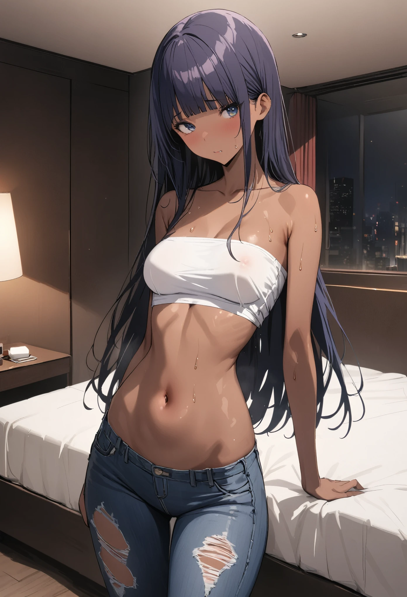 (((masterpiece, Highest quality:1.3,absurdres))),nsfw,25 year old beauty,solo,((very small head:1.3)),long hair,bangs,dark blue hair,dark blue eyes,gorgeous eyes,shy,medium breasts,((very long body:1.2)),((toned body,slender body)),skinny,(tan skin),gleaming skin,shiny skin,sweat,((ripped oversized jeans)),((White tube top,navel)),standing,Simple bed,Simple bedroom、Tokyo、at night、