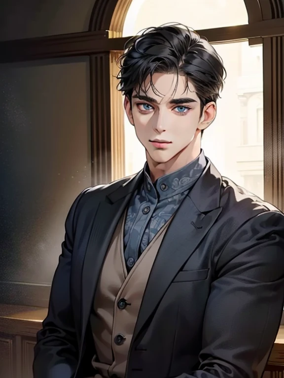 masterpiece, best quality, realistic, 1man, mature male, quiet and charming young man, 41 year old, serious look, closed mouth, portrait, extremely detailed face, cold smile, ((dark grey blue eyes)), ((short-right-swept dark black hair)), [thick eyebrows], ((suit)), handsome, full body, western, Jewish, light brown skin,