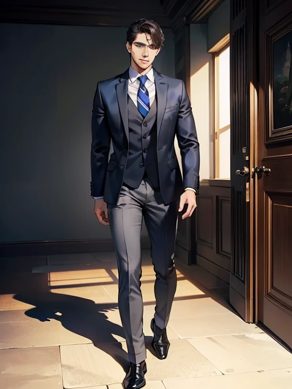 masterpiece, best quality, realistic, 1man, mature male, quiet and charming young man, 41 year old, serious look, closed mouth, portrait, extremely detailed face, cold smile, ((dark grey blue eyes)), ((short-right-swept dark black hair)), [thick eyebrows], ((suit)), handsome, full body, western, Jewish, light brown skin,
