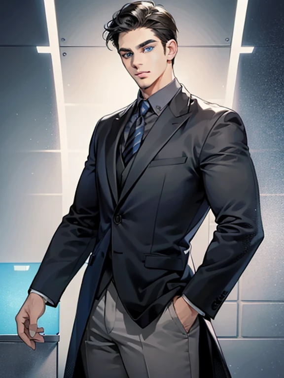 masterpiece, best quality, realistic, 1man, mature male, quiet and charming young man, 41 year old, serious look, closed mouth, portrait, extremely detailed face, cold smile, ((dark grey blue eyes)), ((short-right-swept dark black hair)), [thick eyebrows], ((suit)), handsome, full body, western, Jewish, light brown skin,
