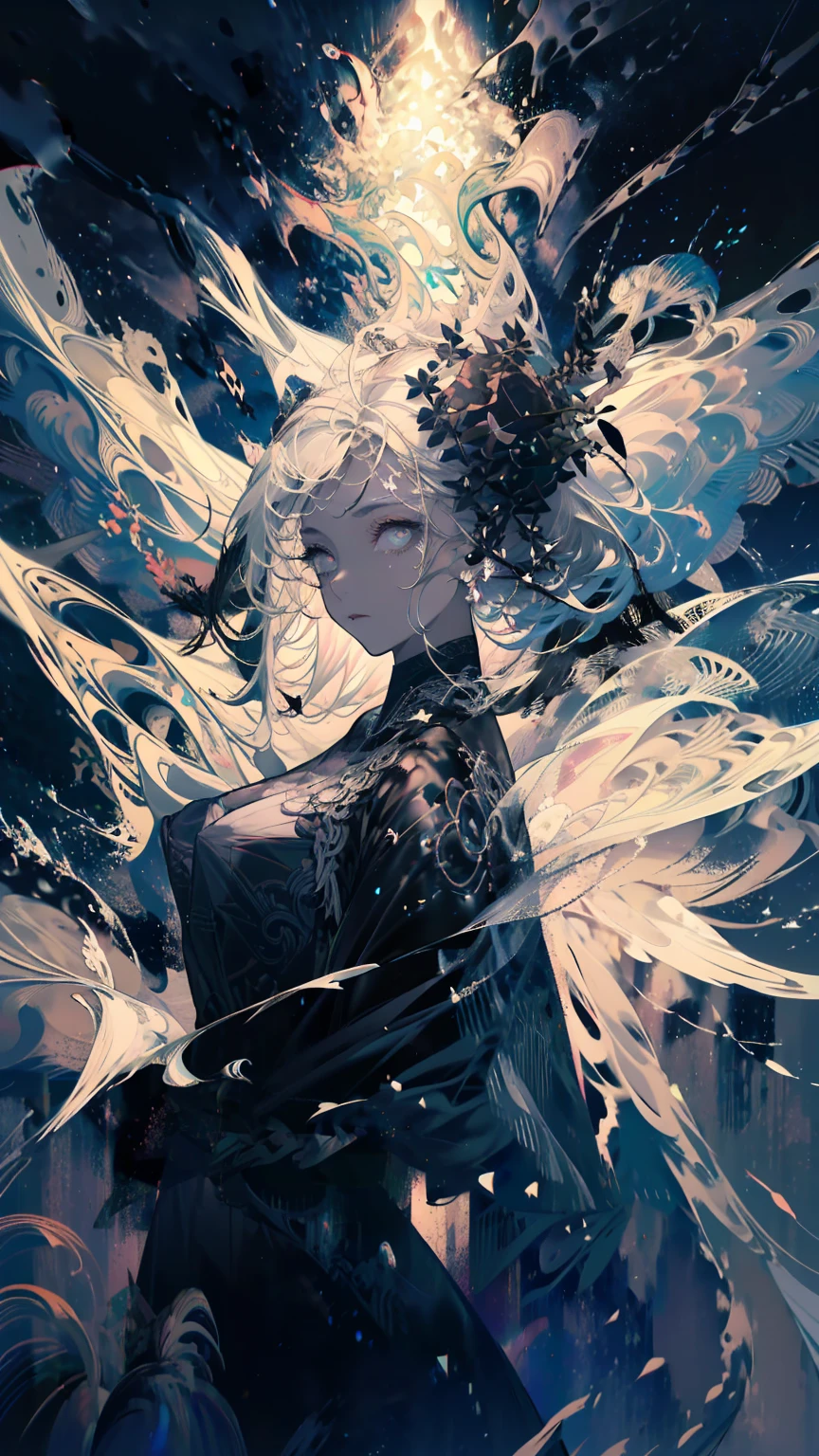 White Hair,Hairstyle is long straight,White eyelashes,White Eyes,Black clothes,Wrapping smoke around the body,Dark atmosphere,Fantasy,Realistic depiction of clothing,Highest quality,Delicate depiction,haze,Grey World,Blank look,Shining Heavenly Wheel,Angel,artpaint,Background is dark acrylic gouache,Waist Up,Smoke from the body,A fleeting expression