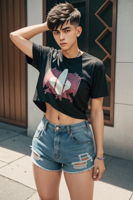 a young man having long legs, thick thighs, large hips, thin and narrow weist, big large feminine breasts, large male reproductive organs, t shirt and shorts, very small spikey boyish haircut, man , wide hips, bearded man, man,penis bulge , full body 