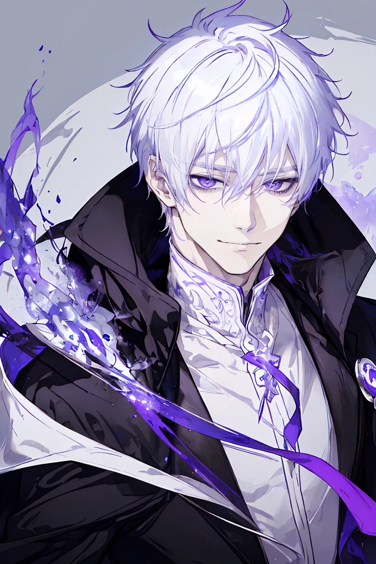 1guy、white haired、purple-white eyes、maniacal smile、Short Messy Hair、Portrait 、a handsome、hairsh, Closing the right eye、black cloak