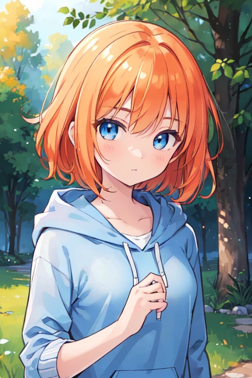 (best quality, masterpiece:1.2), ultra detailed, extremely detailed eyes and face, natural skin texture, detailed skin, natural lighting, 16-year-old, early teens, short hair, straight hair, orange hair, shiny hair, blue eyes, medium breasts, black hoodie, face focus, face,