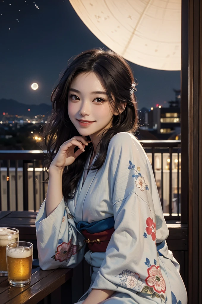 (masterpiece), best quality, expressive eyes, perfect face, At night, under the city lights, on a balcony of an apartment, a woman in a kimono drinks beer, smiling, under the moon and stars, feeling the night breeze.