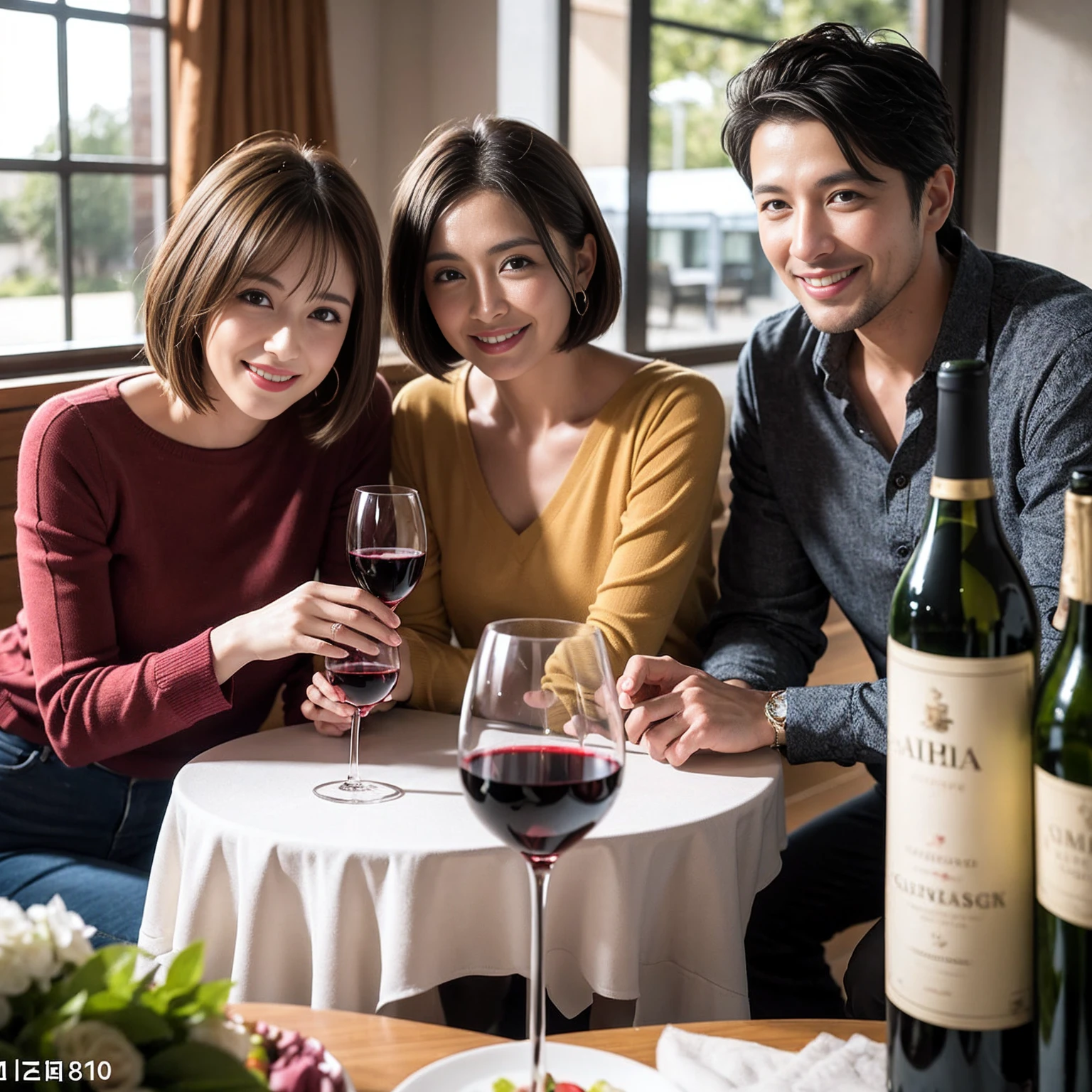 ((Highest quality、8k、masterpiece:1.3))、 (Genuineistic, Genuine、Bright image、Intricate details:1.2), Best smile 1 man 1 woman、Beautiful Couple、spouse、Couple、spouse、Beautiful Couple、Smile、A full-course dinner with a full table、テーブルにwine glass、 (Slim face), (The body is slim), (Brown Hair), (short hair), Please shine a light on my face、 Amazing view of the sunset sky and clouds、 (age 34), 39 years old, red wine 、Wine bottle、sparkling wine、Long sleeve shirt、dress、White wine, red wine, wine glass, 