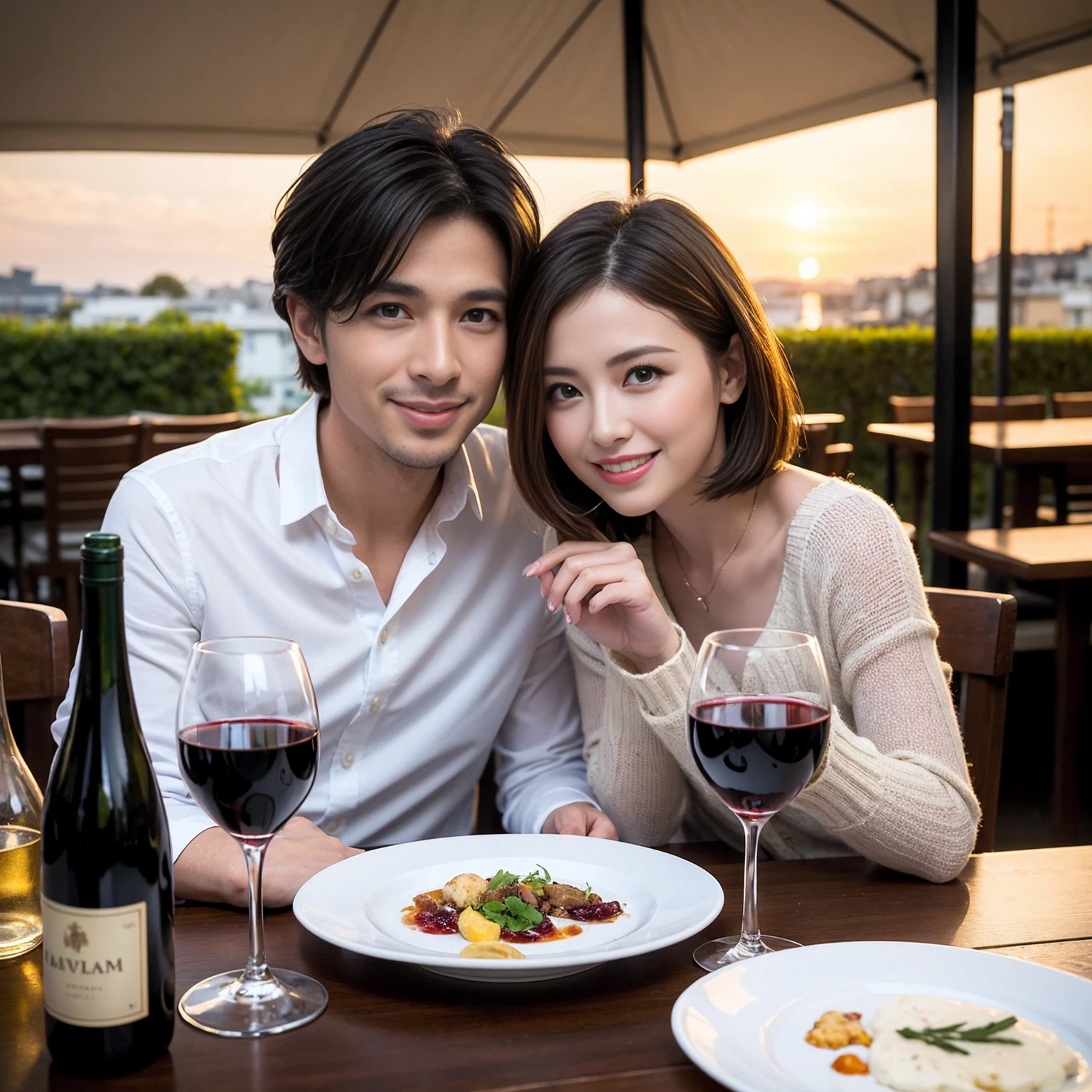 ((Highest quality、8k、masterpiece:1.3))、 (Genuineistic, Genuine、Bright image、Intricate details:1.2), Best smile 1 man 1 woman、Beautiful Couple、spouse、Couple、spouse、Beautiful Couple、Smile、A full-course dinner with a full table、テーブルにwine glass、 (Slim face), (The body is slim), (Brown Hair), (short hair), Please shine a light on my face、 Amazing view of the sunset sky and clouds、 (age 34), 39 years old, red wine 、Wine bottle、sparkling wine、Long sleeve shirt、dress、White wine, red wine, wine glass,