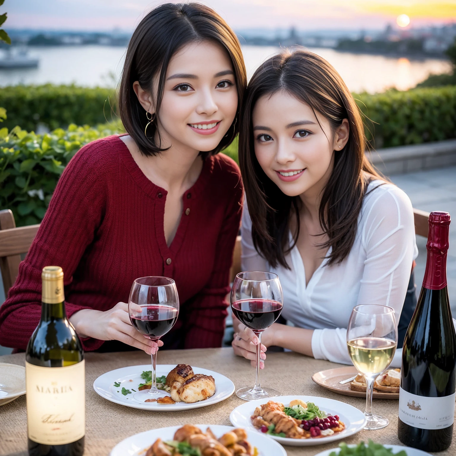 ((Highest quality、8k、masterpiece:1.3))、 (Genuineistic, Genuine、Bright image、Intricate details:1.2), Best smile 1 man 1 woman、Beautiful Couple、spouse、Couple、spouse、Beautiful Couple、Smile、A full-course dinner with a full table、テーブルにwine glass、 (Slim face), (The body is slim), (Brown Hair), (short hair), Please shine a light on my face、 Amazing view of the sunset sky and clouds、 (age 34), 39 years old, red wine 、Wine bottle、sparkling wine、Long sleeve shirt、dress、White wine, red wine, wine glass, 