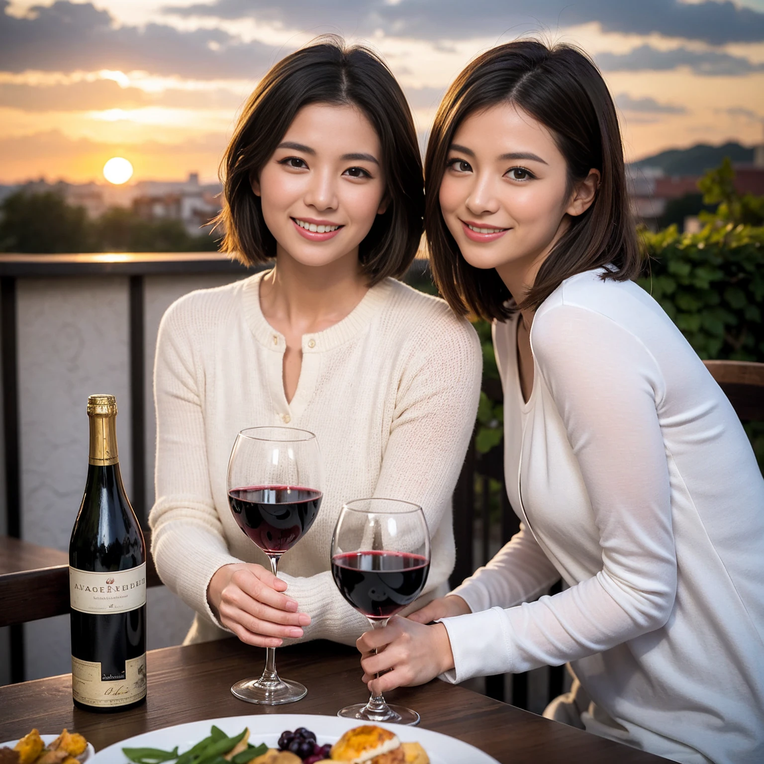 ((Highest quality、8k、masterpiece:1.3))、 (Genuineistic, Genuine、Bright image、Intricate details:1.2), Best smile 1 man 1 woman、Beautiful Couple、spouse、Couple、spouse、Beautiful Couple、Smile、A full-course dinner with a full table、テーブルにwine glass、 (Slim face), (The body is slim), (Brown Hair), (short hair), Please shine a light on my face、 Amazing view of the sunset sky and clouds、 (age 34), 39 years old, red wine 、Wine bottle、sparkling wine、Long sleeve shirt、dress、White wine, red wine, wine glass, 