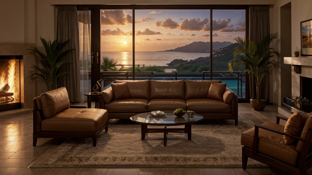 Living room view，With sofa and fireplace, Detailed painting inspired by David Ligare, Winner of the CGosociety competition, Concept Art, Stunning rendering, 8K Sensual Lighting, Luxurious environment, Unreal Engine ; Romantic Theme, relaxing environment, Sunset view, Relaxed atmosphere, Dramatic lighting rendering, Matte V-Ray, Gorgeous and romantic sunset, large floor-to-ceiling windows, palm trees